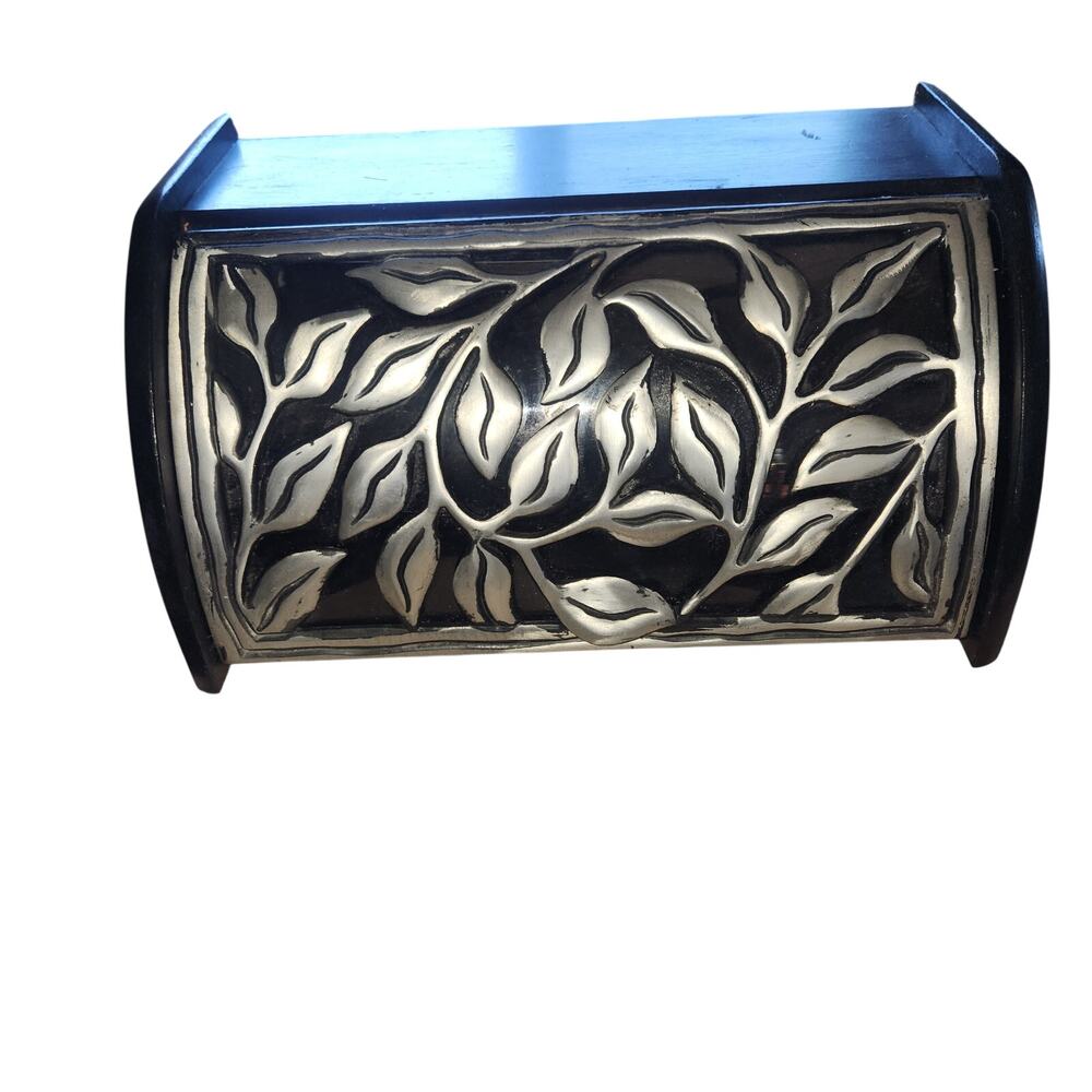 Vintage Black Silver Glass and Wood  Leaf Motif Bread Box